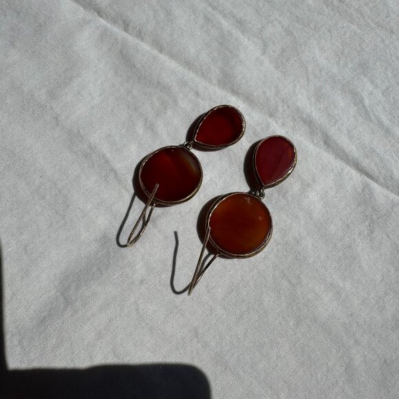 Carnelian/Amber and Gold Glazed Double Drop Earrings Roman Victorian Style - Picture 5 of 13